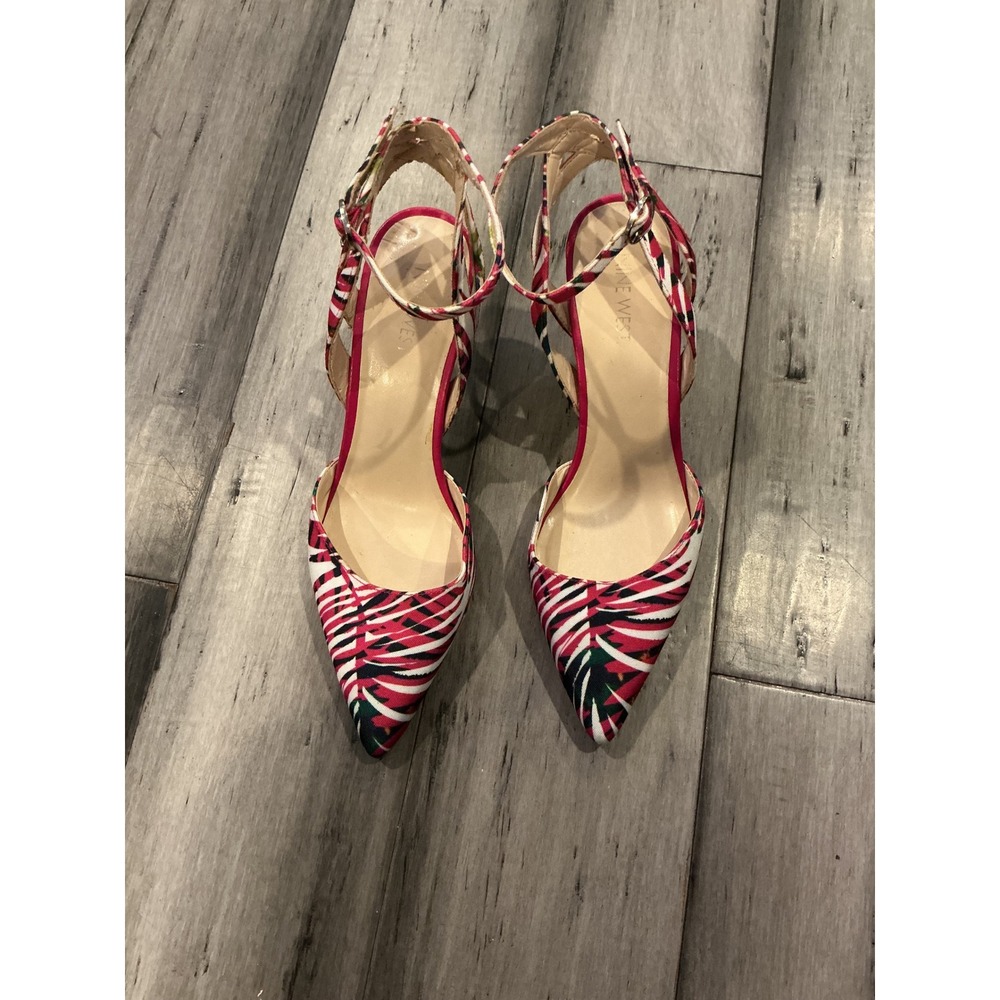 Nine West Pink Tropical Palm Leaf Print Ankle Strap Pointed Toe D'Orsay Pumps